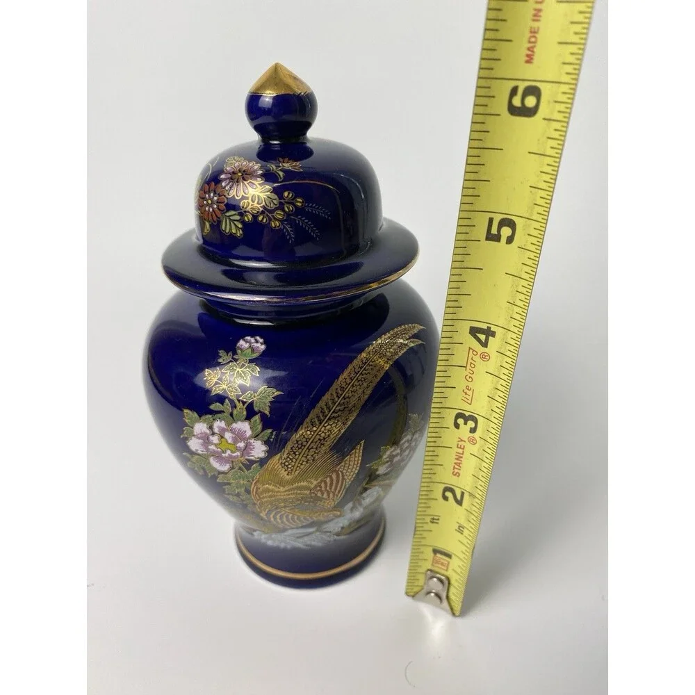 Vintage Blue and Gold Floral Peacock Japanese Ceramic Ginger Jar with Lid